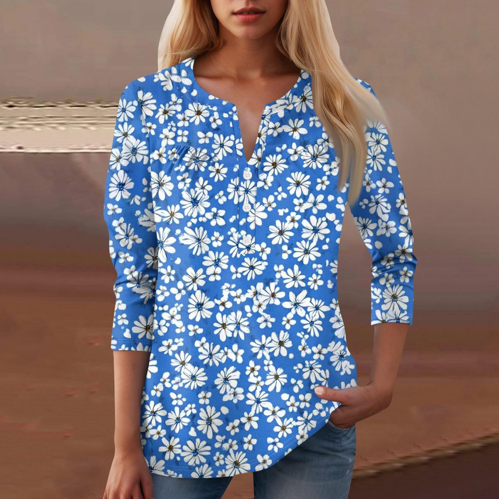 

Жіноча повсякденна футболка з квітковим принтом і V-подібним вирізом на декоративних ґудзиках XXL