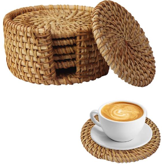 6-Pack Handmade Rattan Coasters with Holder, Modern Farmhouse and Boho Woven Drink Coasters for Kitchen, Coffee Table Decor, Heat-Resistant Reble