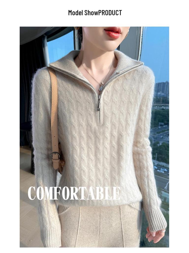 Women's 100% Wool Thickened Knitted Sweater with Large Lapel - Autumn/Winter Warm Twist Pullover, Versatile & Trendy