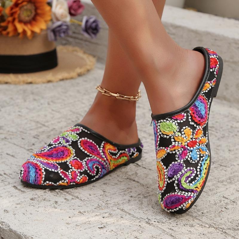 Damen Farbblock Böhmische Römische Flache Zehengeschlossene Pantoletten