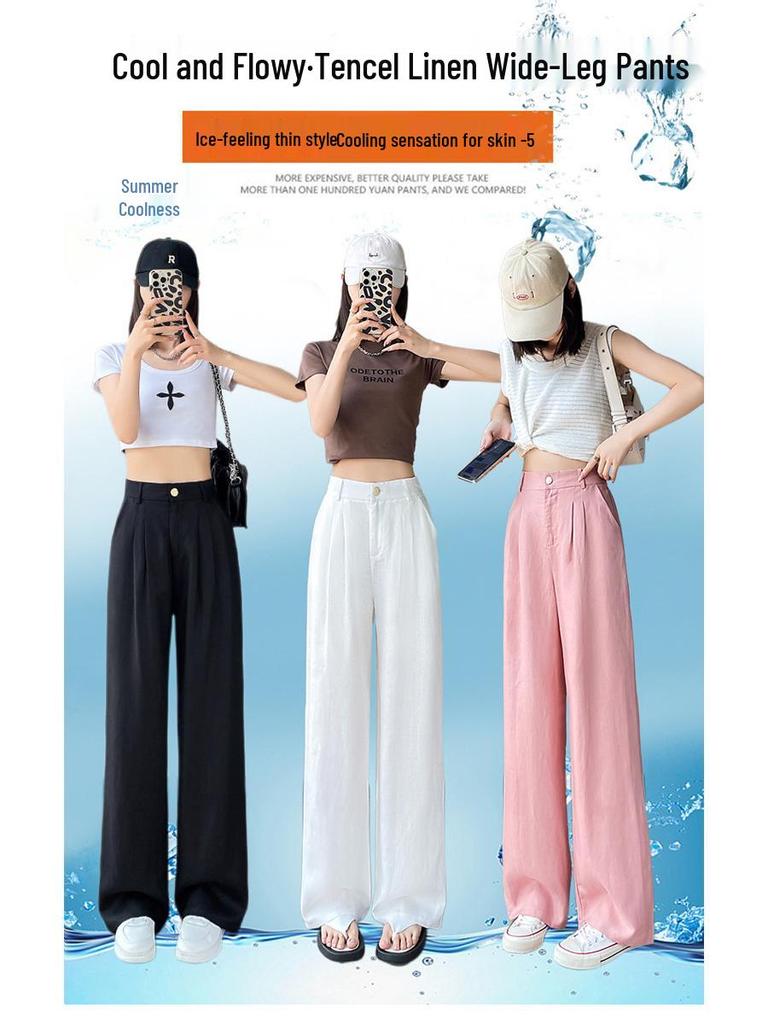 Pantalones de Pierna Ancha de Tencel Lino de Cintura Alta con Protección Solar de Seda de Hielo para Mujer Verano 2026