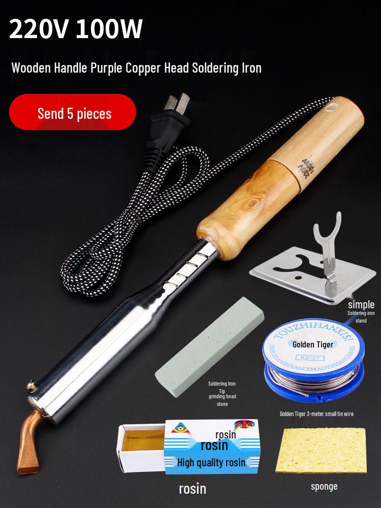 High-Power Electric Soldering Iron Set with Wood Handle - Purple Copper Bent Flat Tip for Household Electronics Repair.