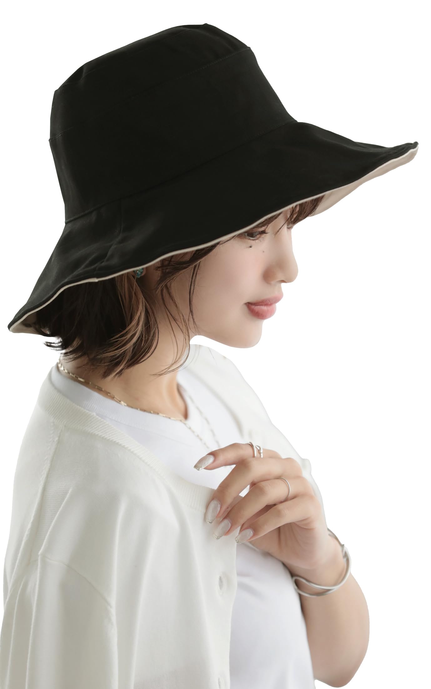 

Шляпа с защитой от УФ-лучей для женщин двусторонняя x хлопковая шляпа-ведро x широкие поля для стройнящего эффекта [LittleAndMore] 99% [UPF50+ 100% эффект] (черный, 8см) чёрный