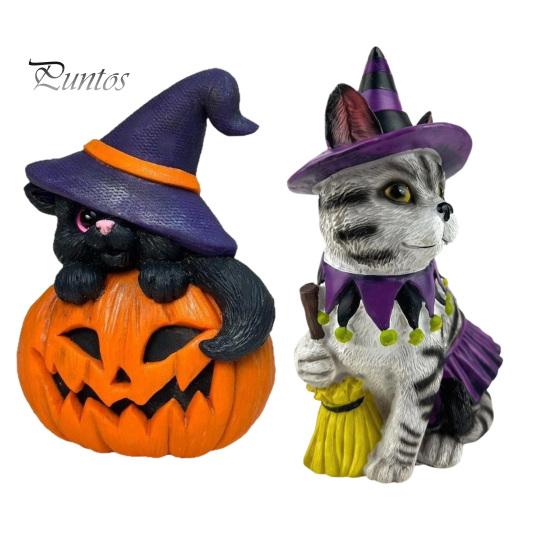 Spooky Halloween Gift for Friends Ornament, Witch Black Cat Pumpkin Shape, Durable Synthetic Resin Unique Holiday Kids Weather Resistant Figurine,