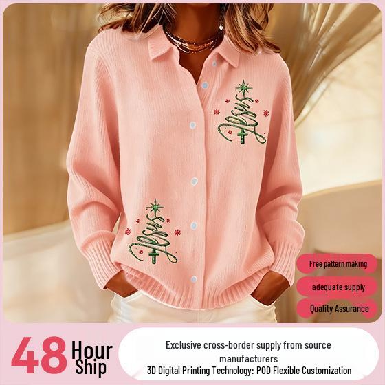 2025 Women's 3D Print Lapel Cardigan Shirt - Christmas Autumn/Winter Collection