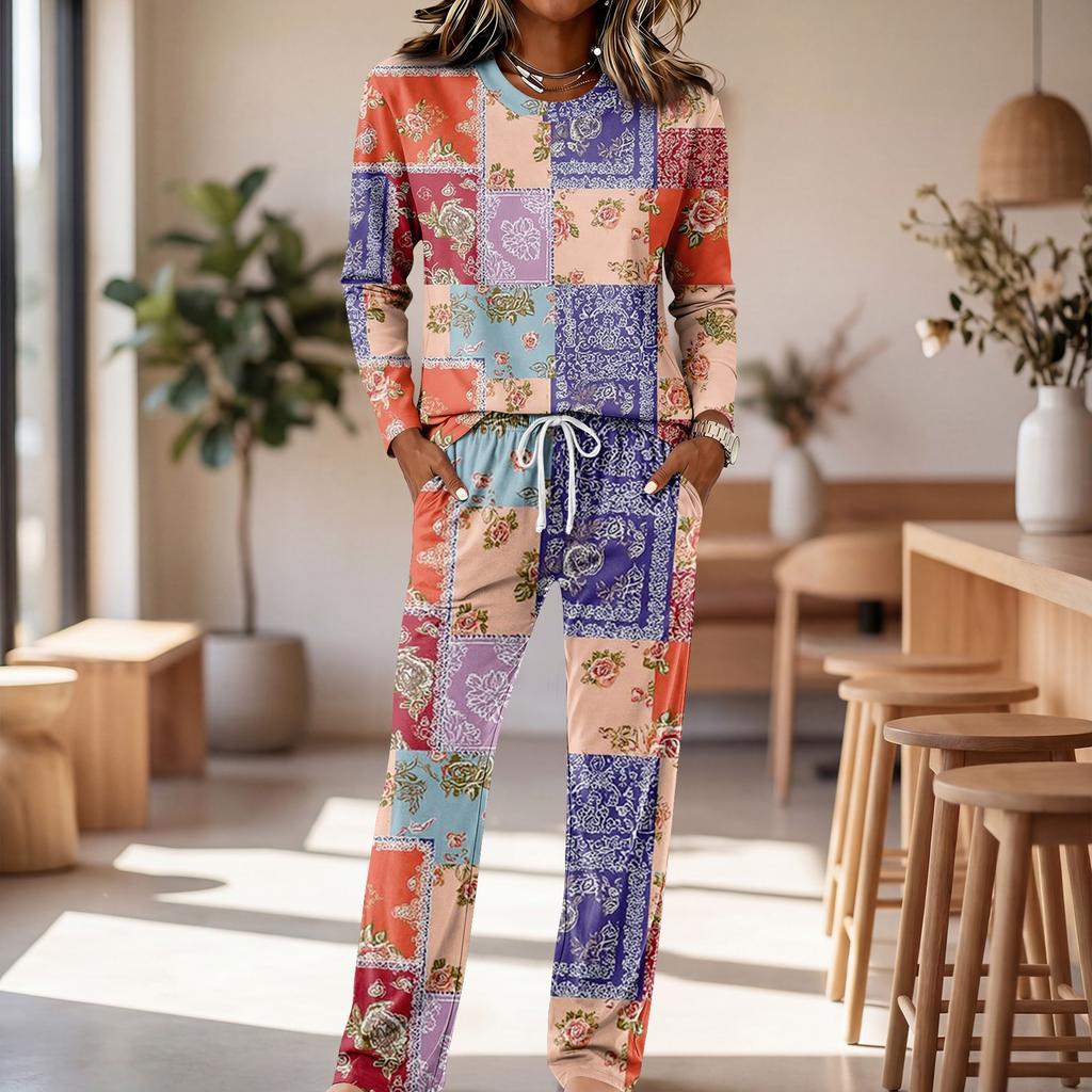 Women's Long Sleeve Round Neck Drawstring Wide Leg Pajama Set for Casual and Sleepwear