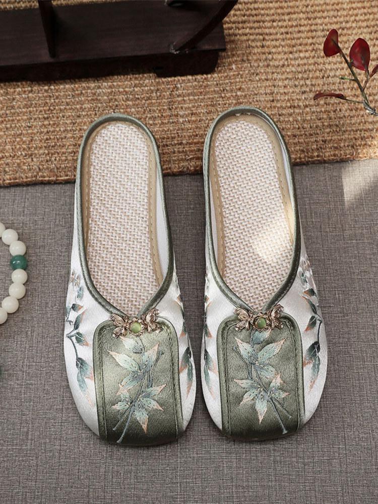Fashion Home Slippers Women's Square Heel Loafers Slides Cover Toe Massage Block Floral Fabric Embroider Square Toe Block Heel Shoes Loa
