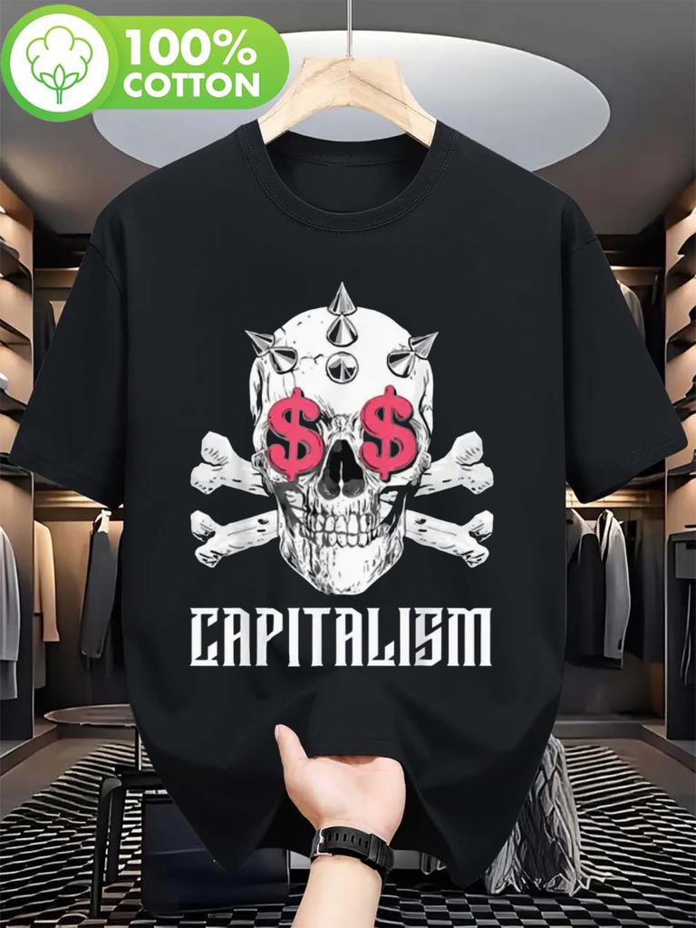 Cotton Graphic T-shirt with Skull & Crossbones Design - "CAPITALISM" Text