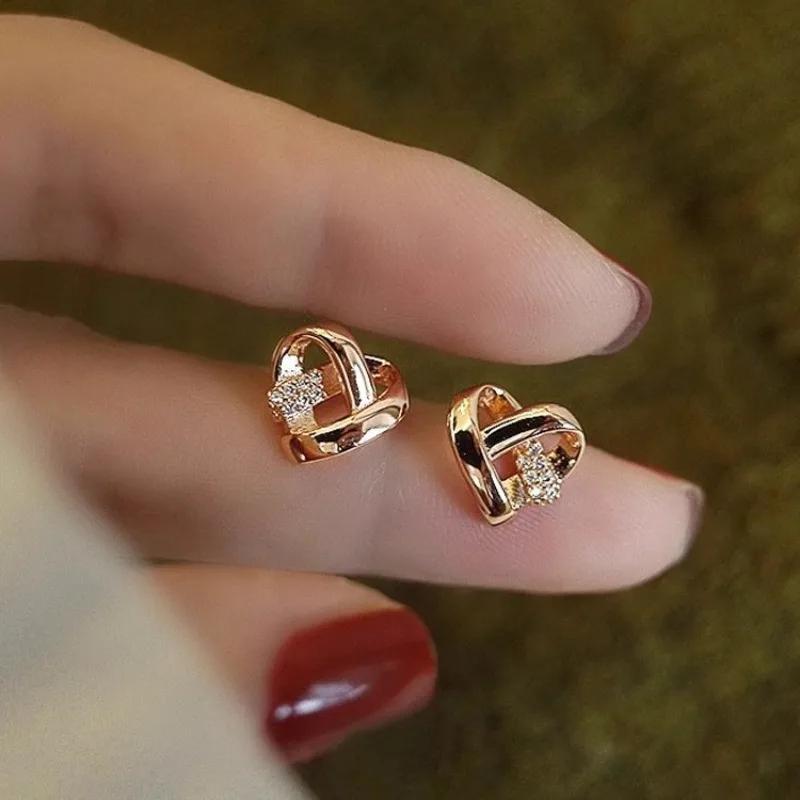 Classic Simple Gold Color Stainless Steel Little Heart Stud Earrings for Women Charm Luxury Zircon Korea Earring Bride Jewelry