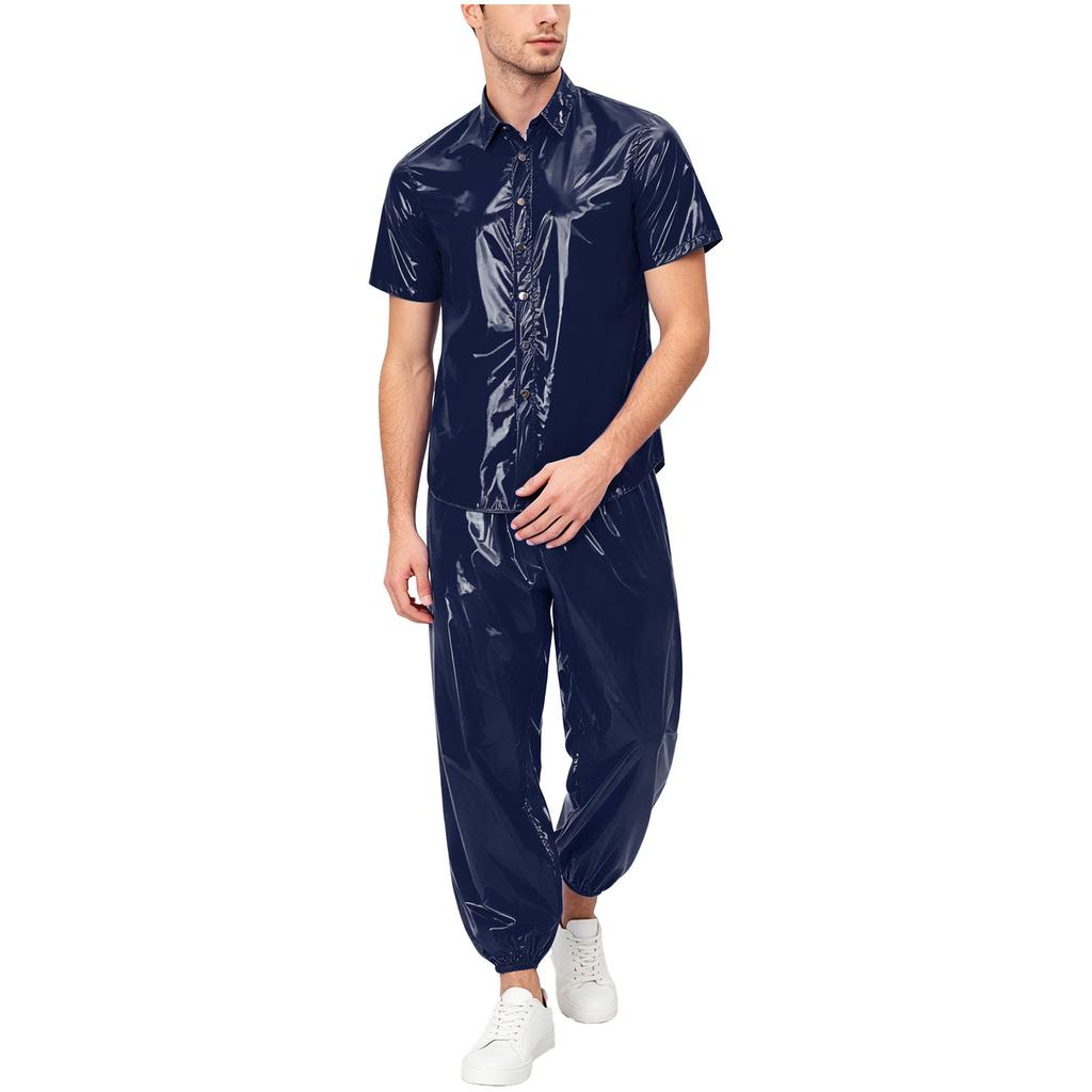S-3XL Men Waterproof Tracksuit Short Sleeve Front Button Lapel T-Shirt with Elastic Waistband Jogging Pants for Sauna Sweat Rainwear