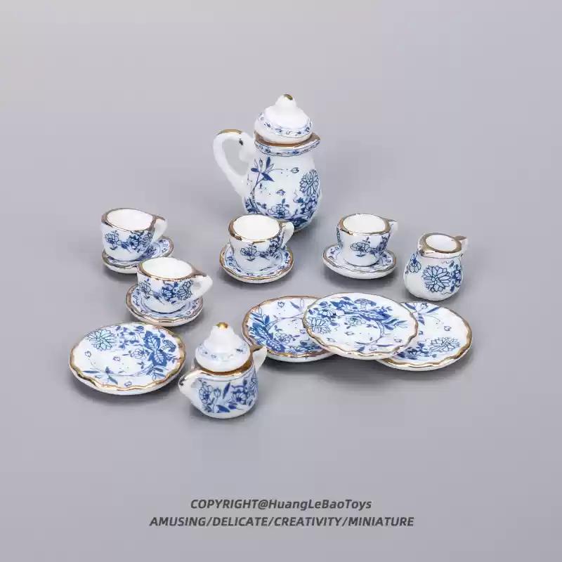 15PCS Mini Tea Set Model/Children's Day Gift/Miniature Tea Cup and Teapot Accessories/Ceramic Ornaments/Blue and White Porcelain