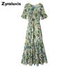 Summer New Dress Green Floral Long Skirt High Waist Slimming V-Neck Five-Fifth Sleeve Ruched Bodycon Dress