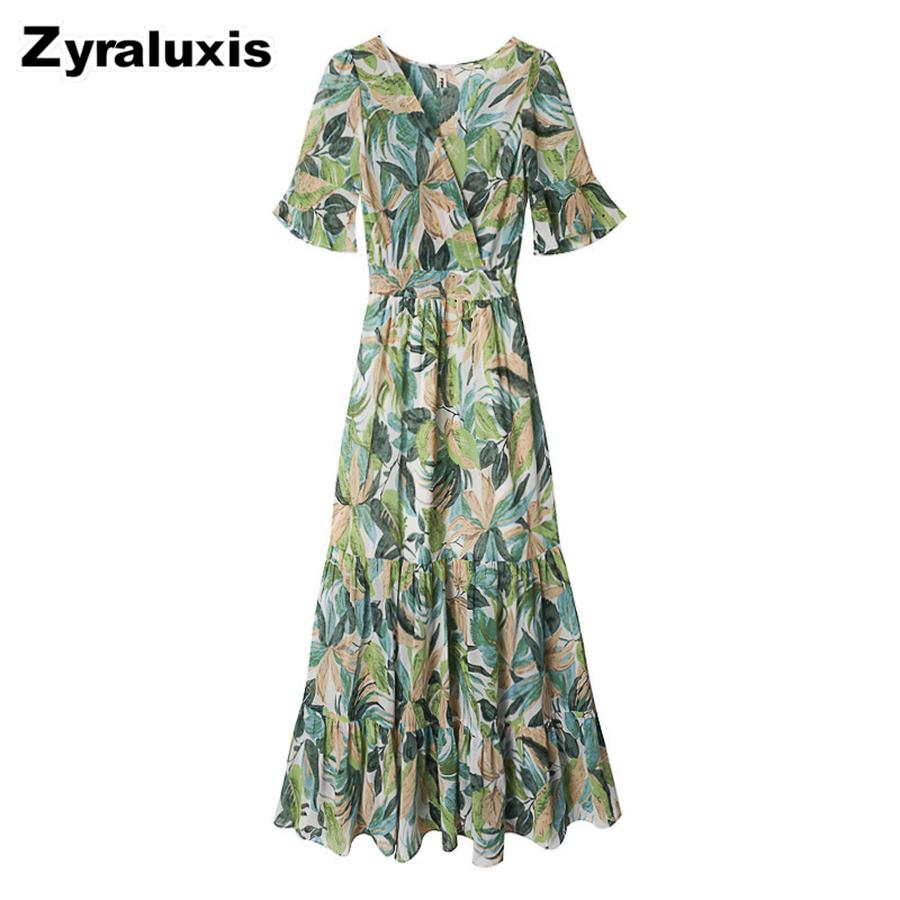 Summer New Dress Green Floral Long Skirt High Waist Slimming V-Neck Five-Fifth Sleeve Ruched Bodycon Dress