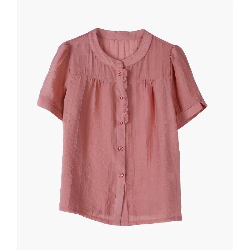 Spring/Summer 2025 Cotton-Linen Loose Slimming Round Neck Solid Color Blouse for Moms