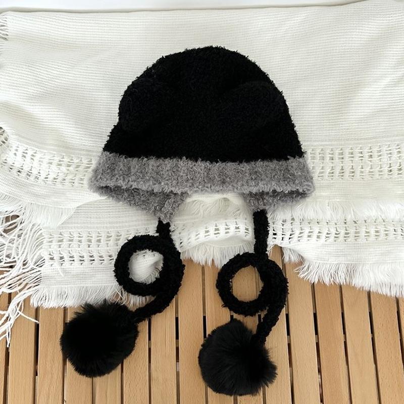 Autumn And Winter  Color Matching Bear Ear Strap Lei Feng Hat For Women Korean Cute Warm Ear Protection Knitted Wool Hat