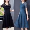 Sexy Lace Dress Women's Short Sleeve Summer Mid Length Dress Ladies Style Slim Dress Solid Color Casual Dress