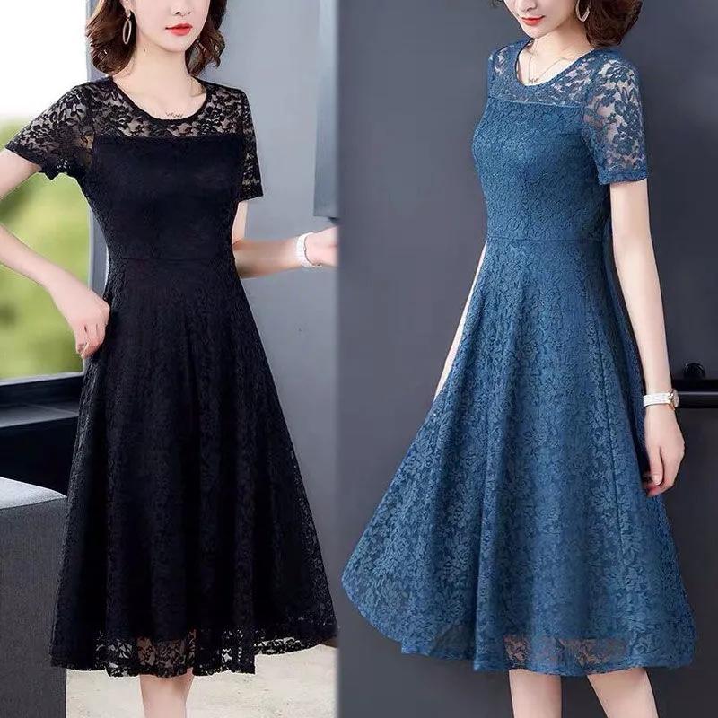 Sexy Lace Dress Women's Short Sleeve Summer Mid Length Dress Ladies Style Slim Dress Solid Color Casual Dress