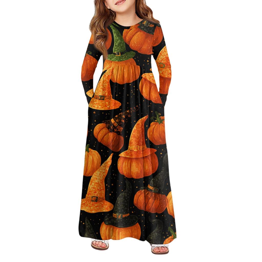 Mädchen Maxi Kleid Halloween Tag- Langarm Taschenkleid