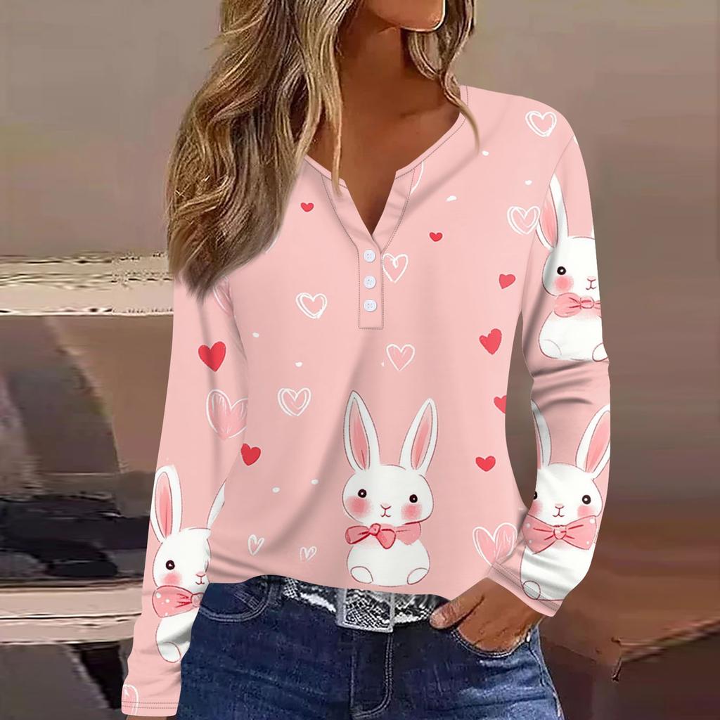 Women's Fashion Casual Printed V-neck Long Sleeve Button Up T-shirt Top