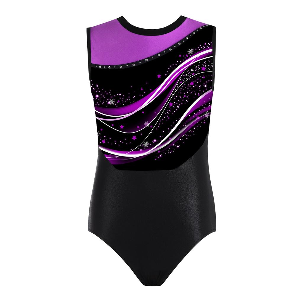 Girls Stylish Print Round Neck Sleeveless Patchwork Gymnastics Leotard Figure Skating Acrobatics Dance Bodysuit