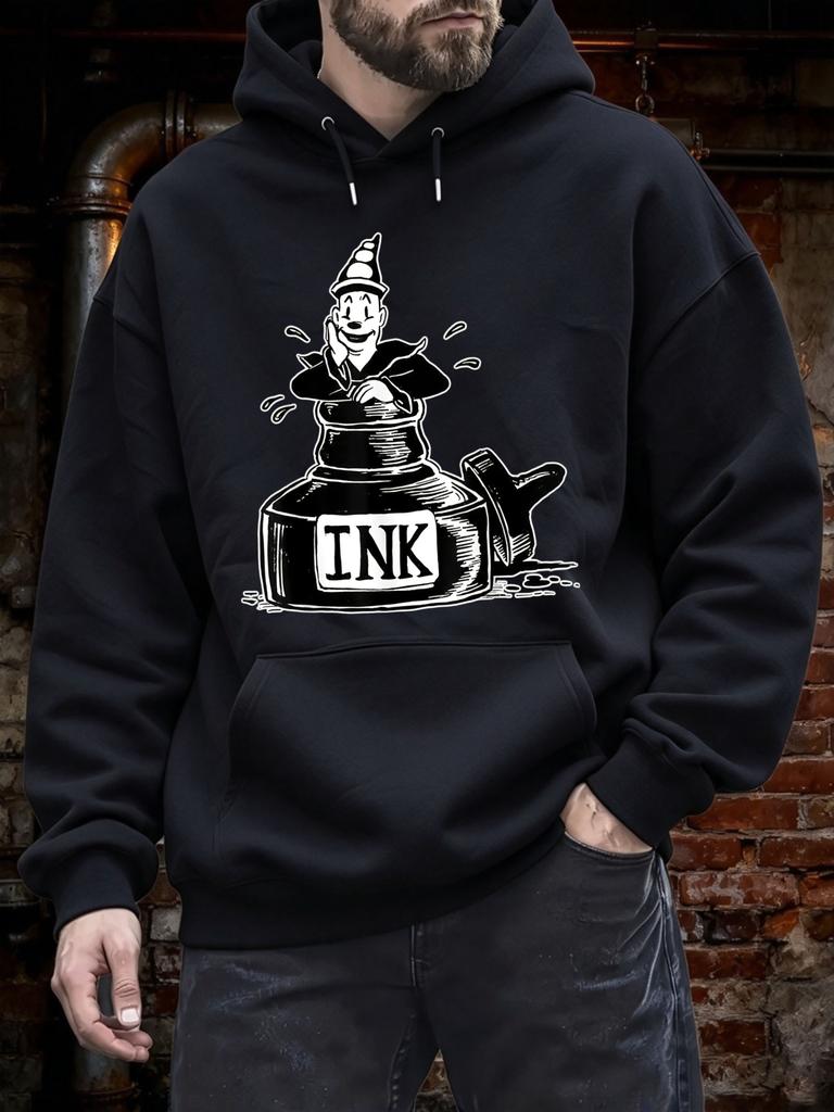 Casual Streetwear Style, Hoodie, Vintage Ink Bottle Wizard Graphic Print, Autumn Winter Daily Wear, Gift for Artist Writer Or Tatt