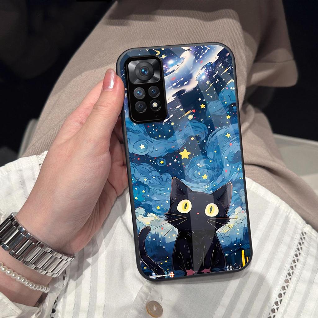Case for Xiaomi Redmi Note 12 Pro 4G 11S 11 5G Anime Black Cat Starry Cloud Print Phone Cover Acrylic Hard Back Shell With Flexible TPU Edge