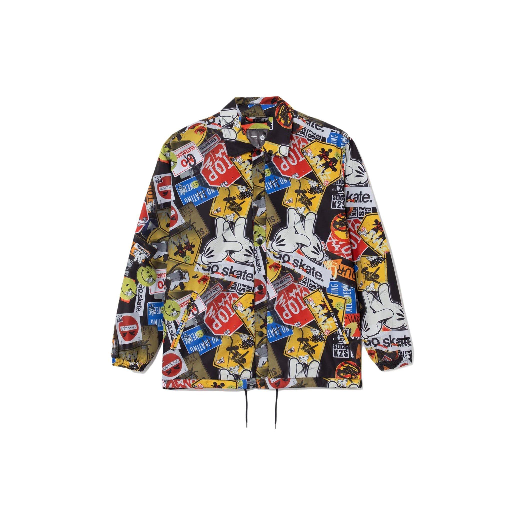 Li-Ning Skateboard Series x OG_SLICK Collaboration All-over Print Casual Spring Autumn Lapel Long Sleeve Jacket Men Black Yellow AFDS099-1 M