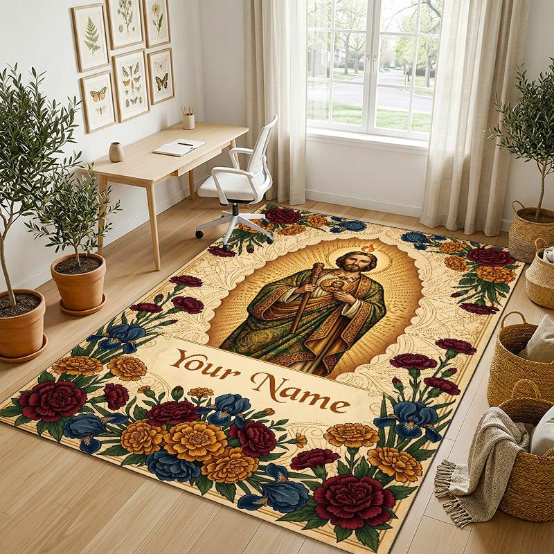 Floral Garden Theme Crystal Velvet Rug Personalized Custom Name Text Soft Floor Mat Home Decor