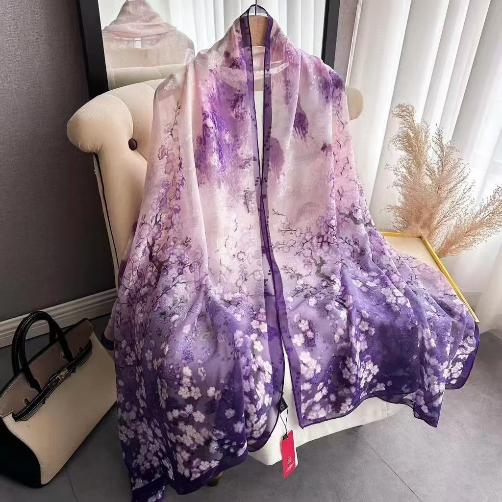 180 * 90 High-End Single-Sided Cut Dill Long Shawl Retro Chinese Style Ancient Charm Elegant Silk Scarf Dunhuang