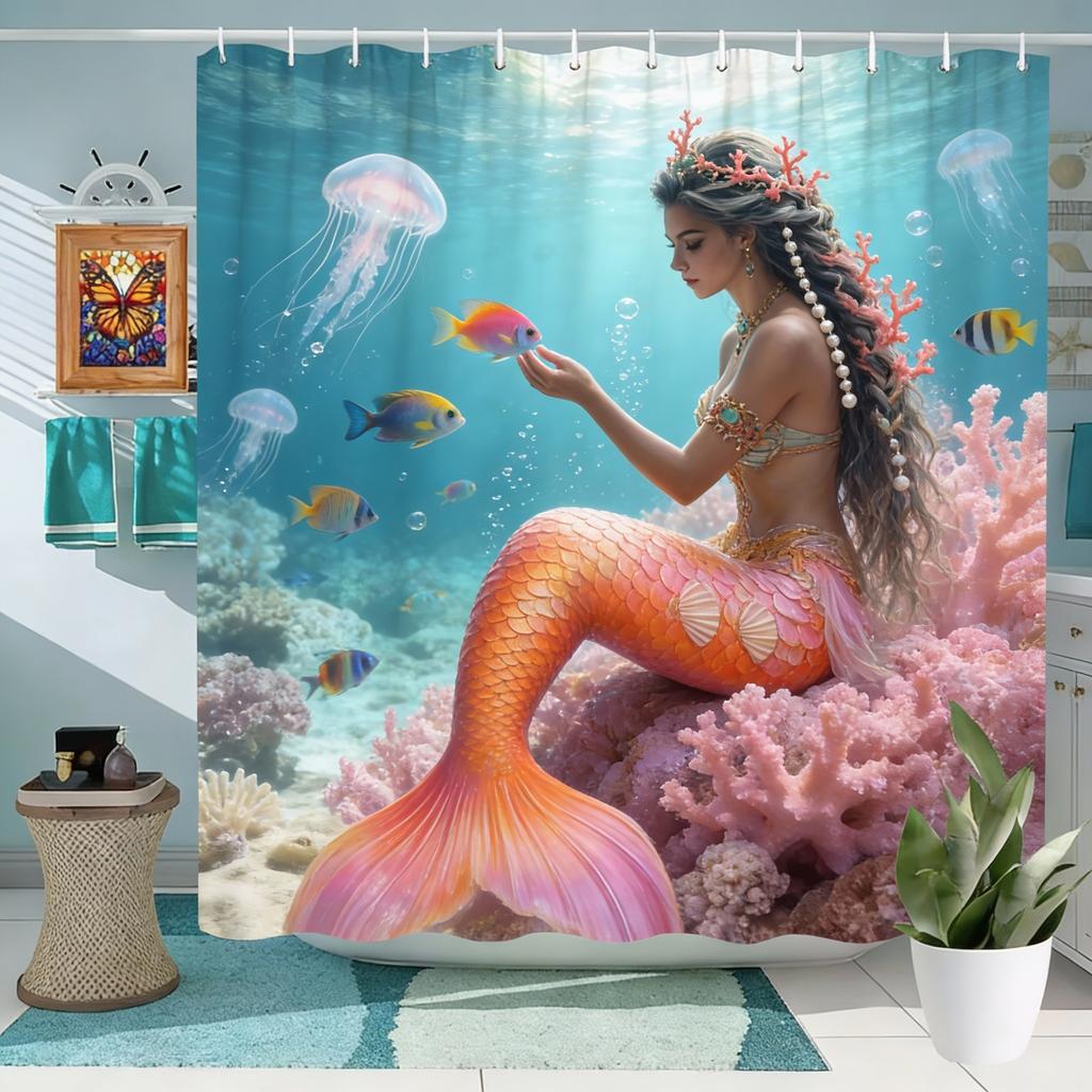 1ks Zlatý ocas mořské panny Podvodní sprchový závěs - Magická koupelnová dekorace, Polyester, Pratelný, 70,8x70,8 palce, Sušit na šňůře, n