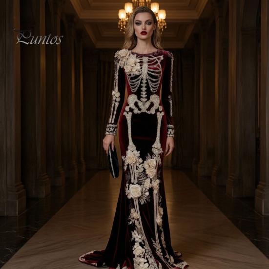 Halloween Cosplay Costume Women Skeleton Print Maxi Dress, Gothic Long Sleeve Dress with Velvet 3D Flower Decor, Floral for Party