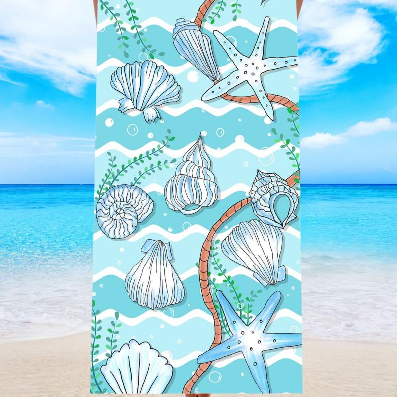 Blue White Striped Pink Seashell Starfish Ocean Wave Beach Towel Quick Dry Sand Free Nautical Towel Tropical Beach Holiday