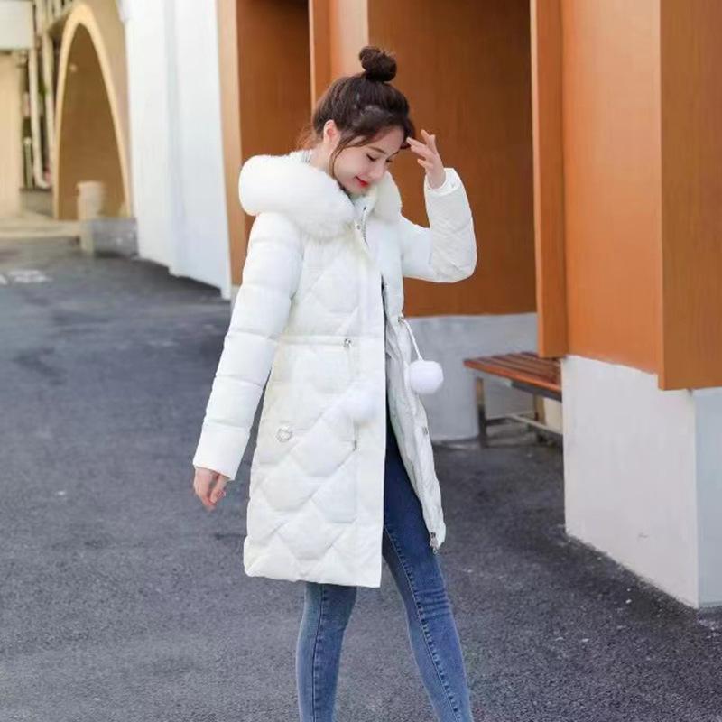 

Осенне-зимняя корейская версия приталенного теплого пуховика, модная хлопковая куртка средней и длинной длины, хлопковая куртка с меховым воротником, повседневная хлопковая куртка L белый