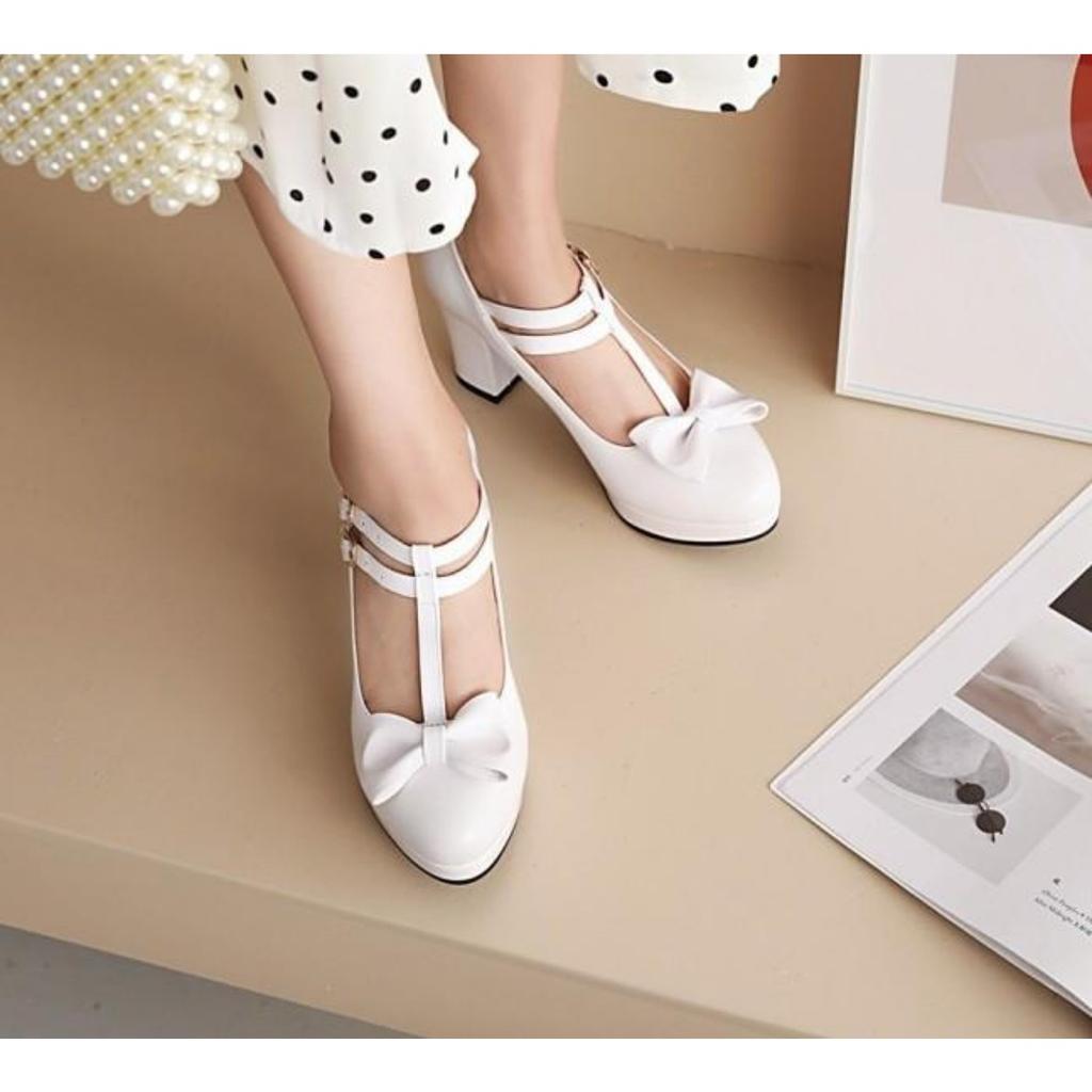 Women Mary Jane Shoes Lolita High Heels Bow T-Strap Platform Pumps Thick Heels Shoes Princess Wedding Party Shoes Plus Size33-46