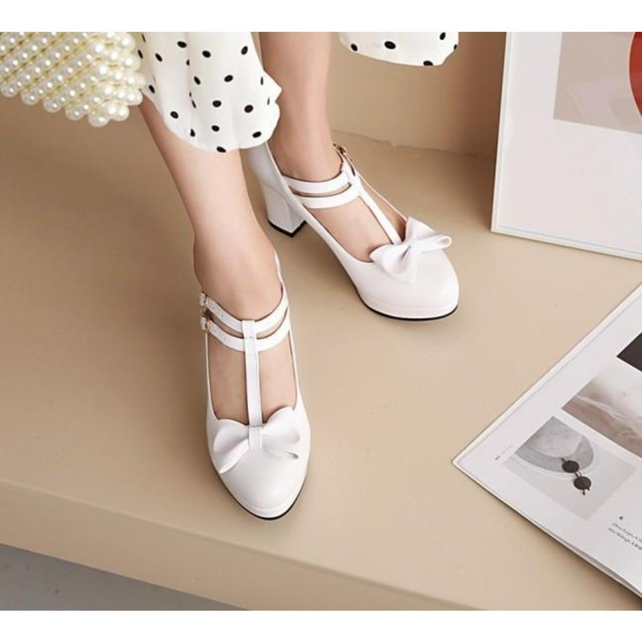 

Women Mary Jane Shoes Lolita High Heels Bow T-Strap Platform Pumps Thick Heels Shoes Princess Wedding Party Shoes Plus Size33-46 46
