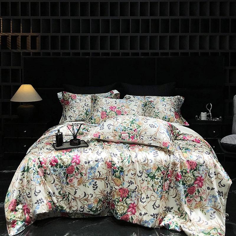 Luxury High-end Silk Bedding Set Silky Satin Quilt Cover Set Printed Queen King Duvet Cover Soft Gift for Your Lover Friends