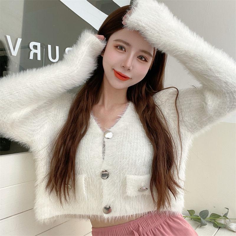 Svetr Cardigan Dámská Podzimní Korejský Malý Voňavý Větrný Plyš Krátký Svetr Kabát Dlouhý rukáv Výstřih do V Nový Pletený Cardigan Ženy