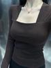 Women's Elegant Slim Fit Square Neck Long Sleeve T-Shirt - Solid Color, Versatile Spring & Autumn Style