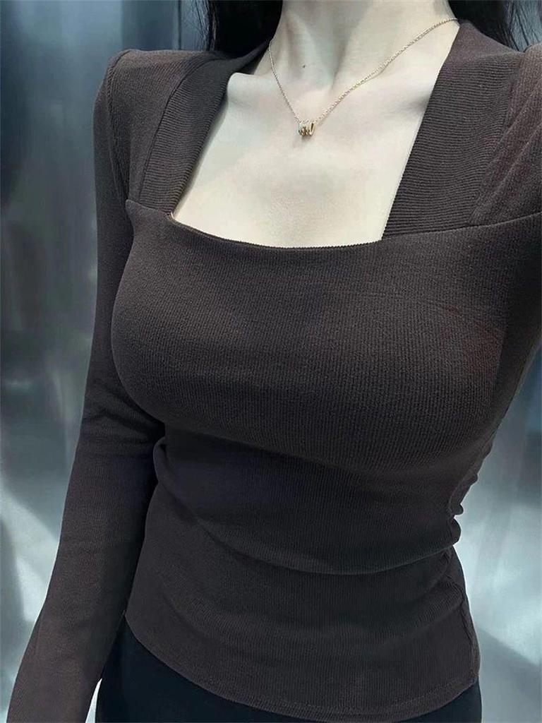 Women's Elegant Slim Fit Square Neck Long Sleeve T-Shirt - Solid Color, Versatile Spring & Autumn Style