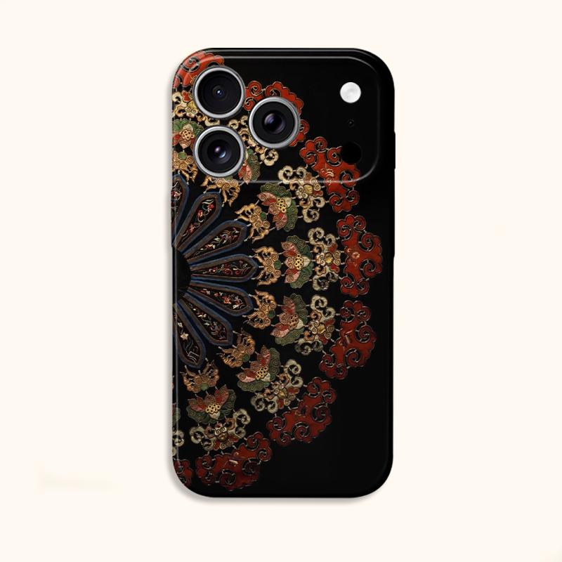 Vintage Oriental Fan Motif Colorful Ethnic Pattern Art Film Aesthetic Protective Shockproof Bumper Case Cover For iPhone 14 15 16 Pro Max Plus