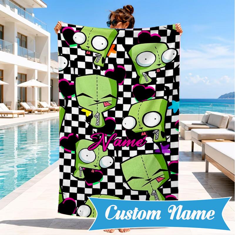 Custom Name Cartoon Alien Heart In Space Adventure Microfiber Beach Towel, Lightweight for Summer Travel, Swimming Pool Fan Gift