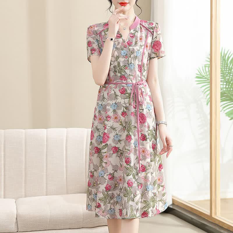 Yalu Elegant Printed V-Neck Midi Dress XL