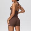 Europäisch-Amerikanisches Wolkengefühl Yoga-Tanktop & Shorts Set: Einfarbig, Seil-Träger, Schöner Rücken, Tasche, Figurbetont für Damen
