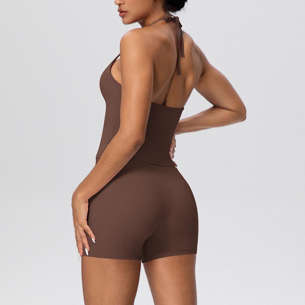 Europäisch-Amerikanisches Wolkengefühl Yoga-Tanktop & Shorts Set: Einfarbig, Seil-Träger, Schöner Rücken, Tasche, Figurbetont für Damen