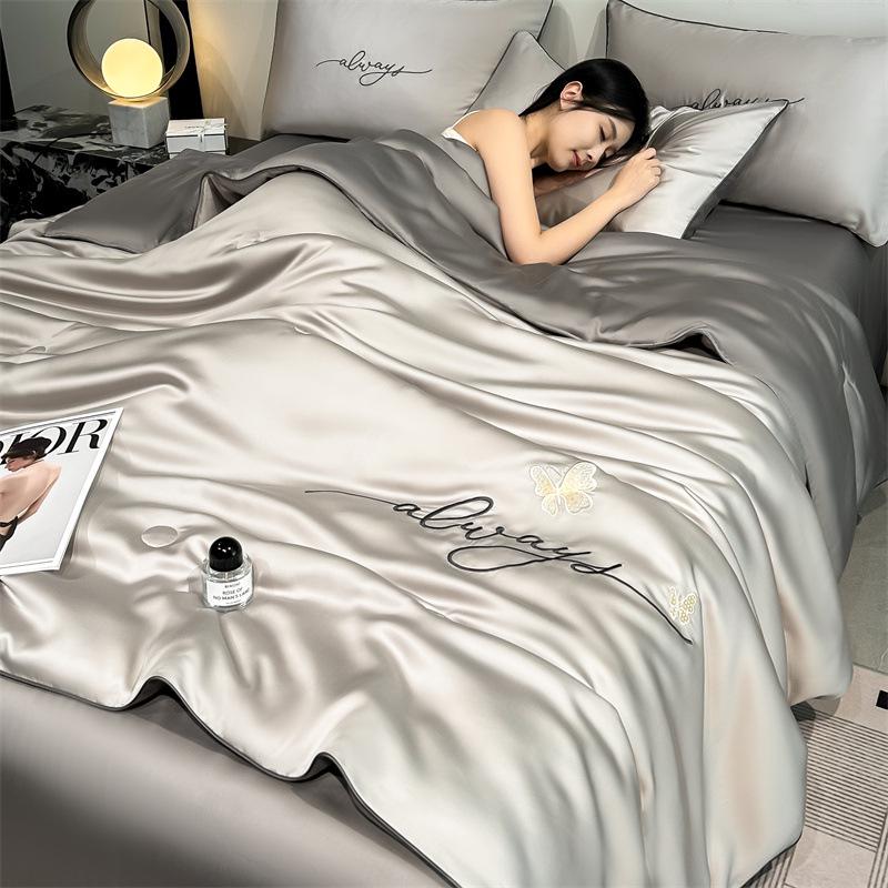 Class A Ice Silk Summer Quilt Set - Cooling, Water Washable, Embroidered, Air Conditioning Friendly, Thin Quilt for Naked Sleep