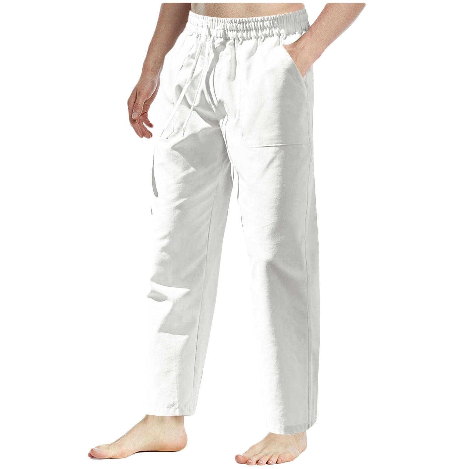 

Повседневные брюки из хлопка и льна, мужские летние облегающие спортивные брюки с эластичным поясом и шнурком XXXL