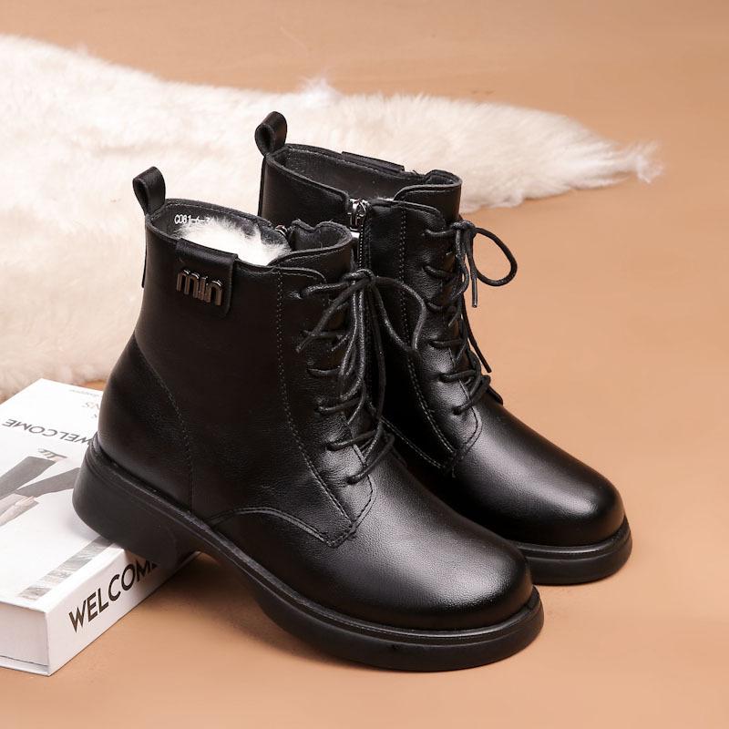 Mid-aged and Elderly Women Winter Warm Fleece Lined Short Boots Mom's Genuine Leather Soft Sole Non-slip Lace Up Cotton Shoes