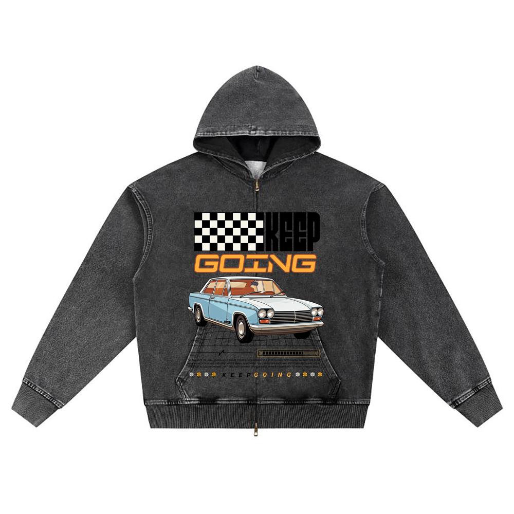 

DTG print Knitted Denim Zip-Up Hoodie Keep Going Retro Car Brother Print Zipper Hoodies S