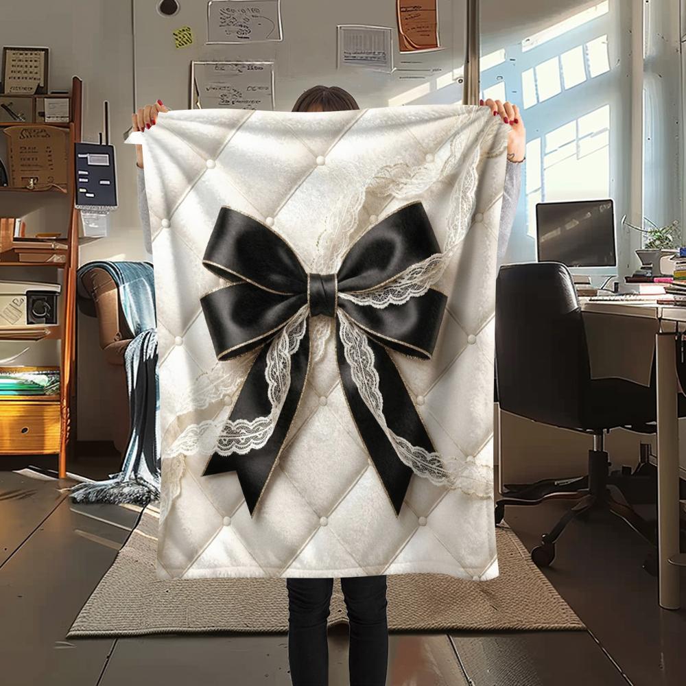 1Pc Gorgeous Bow Print Flannel Blanket, High quality Comfortable for All Seasons, Home Decor, Warmth and Comfort, Perfect for Christmas Gifts W42