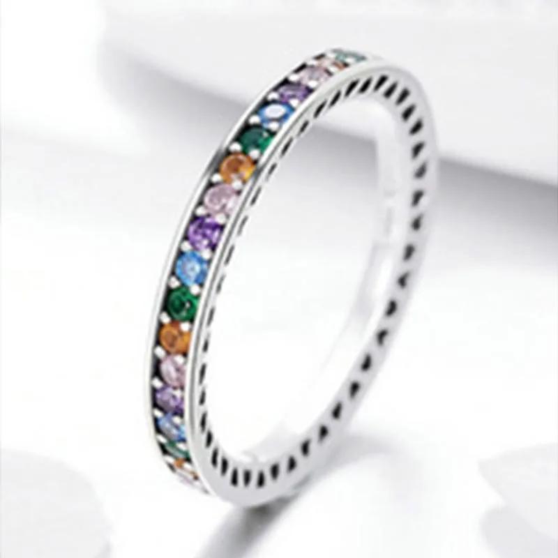 Copper Inlaid Zircon Full Inlaid Colorful Zircon Rainbow Ring Simple and Niche Design Sense Single Row Simple Ring Wholesale